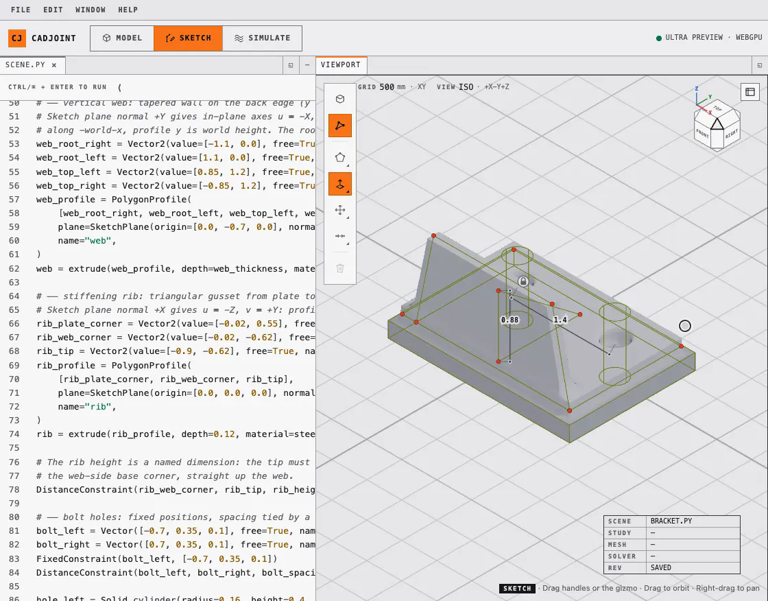 The Cadjoint editor with Python code next to a parametric bracket in a 3D viewport.